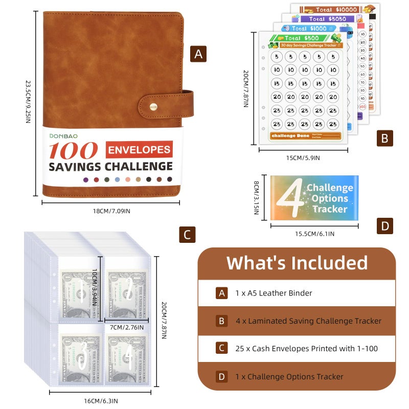 DONBAO 100 Envelopes Money Saving Challenge Binder  A5 Budget Binder with Envelopes and Challenge Tracker  Savings Challenges Planner Book to Save $500  $1000  $5050  $10000 (Brown) - Image 3